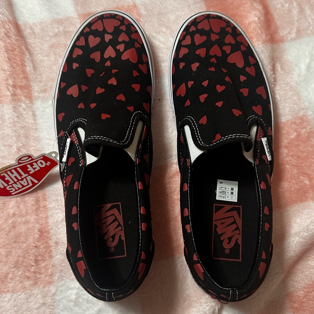 Vans Black Slip-On Sneakers with Red Heart Print